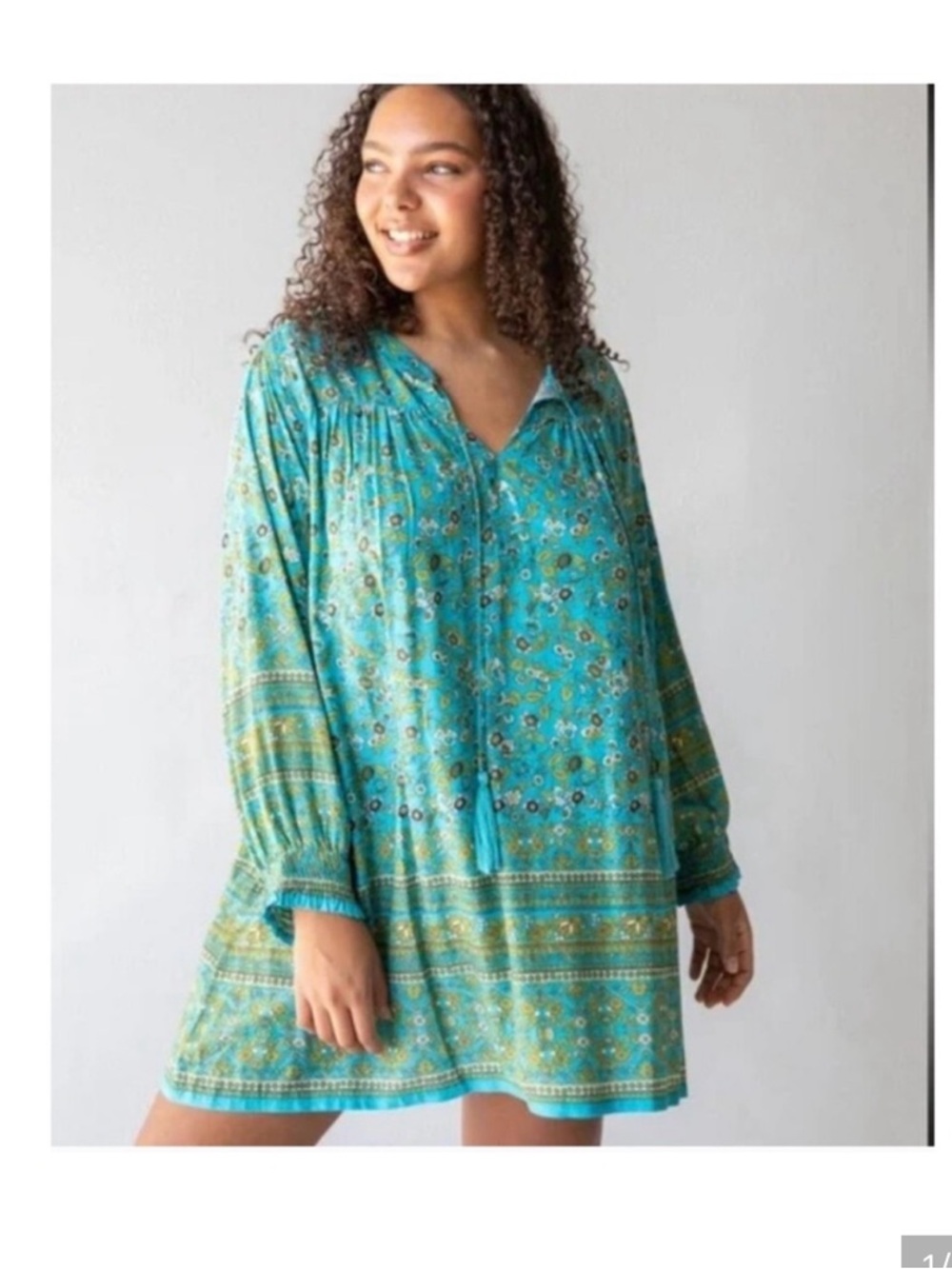 NATURAL LIFE Turquoise Floral Boho   Midi Mini Dress Tunic Flowy Beachy